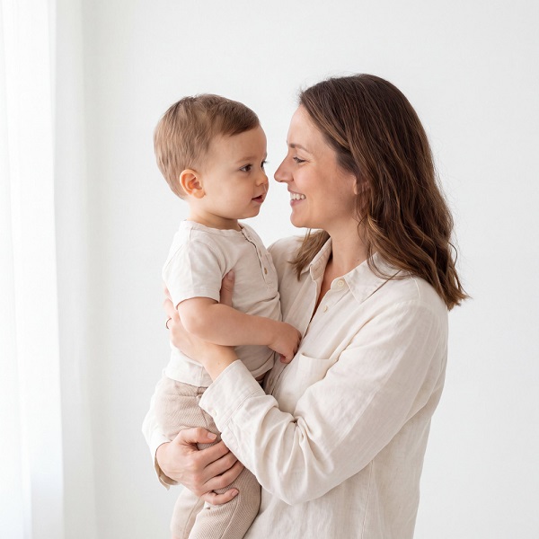 Smiling mother holding her baby in soft natural light